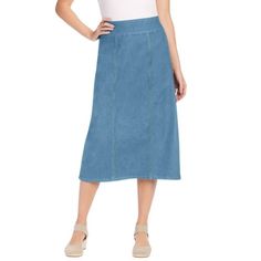 Woman Within Women's Plus Size Flex-Fit Pull-On Denim Skirt Skirt.A-line denim skirt with a full flat-elastic waistband that lays smooth on the waist. Soft denim with stretch for an easy fit. Front seams34" lengthCotton/poly/spandex, importedMachine washable. About the brand: At Woman Within were the experts in plus size comfort, and weve been doing this for over 100 years. No surprise then that were one of the go-to brands in the plus-size clothing industry for incredible fit and of-the-moment style. Our goal is to make sure you always feel great and look good in our comfortable clothes in all the colors you love. Size: 26 Plus.  Color: Blue.  Gender: female.  Age Group: adult. Cheap Mid-rise Medium Wash Denim Skirt, Affordable Full-length Denim Skirt For Spring, Cheap Non-stretch Denim Skirt With Pockets, Relaxed Denim Skirt With Pockets, Medium Wash, Cheap Medium Wash Button-up Denim Skirt, Modest Dressing, Chambray Skirt, Midi Skirt Casual, A Line Denim Skirt