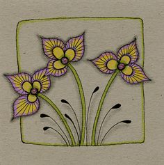 a drawing of three flowers in a square with green and purple trim on the edges