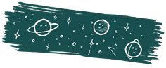 an illustration of planets and stars on a green background with white outlines in the center