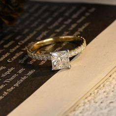 Two Tone Princess Cut Moissanite Engagement Ring, 10K/14K/18K Solid Gold Vintage Style Promise Ring Half Paved Ring for Her, Anniversary Gift Princess Cut Moissanite, Instagram Engagement, Diamond Jewel, Bridal Bands, Engagement Ring Wedding Band, Rings For Her, White Rose Gold, Gold Platinum, Moissanite Diamonds