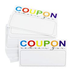 four coupon labels with the word coupon on each one and two different colors