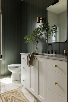 a bathroom with green walls and white cabinetry has a potted plant on the counter