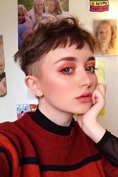 selfie of a young woman with punk mullet haircut Unique Pixie Cuts, Short Hair Side Shave, Short Pixie With Undercut, Short Enby Hair, Short Hair Split Dye, Pixie Shaved Sides, Alt Pixie Cut, Dyke Hair, Short Hair Shaved Sides