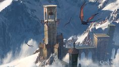 some birds flying around a tall tower in the middle of a snow covered mountain range