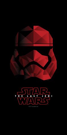 the poster for star wars is shown in red, black and grey colors with a helmet on