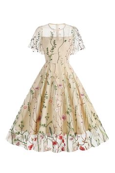 Elegant Summer Dresses, Vestidos Retro, Floral Embroidery Dress, Vintage Long Dress, Mesh Overlay Dress, Robes Vintage, Vintage Midi Dresses, Tulle Evening Dress, Vintage 1950s Dresses