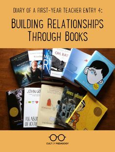 a pile of books with the title diary of a first - year teacher entry 4 building relationships through books