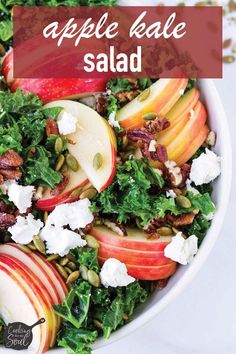 a salad with apples, cheese and nuts in it