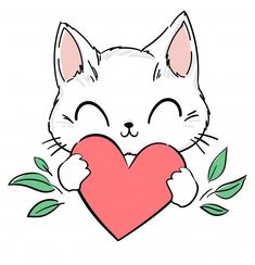 a white cat holding a red heart with green leaves around it's neck and eyes