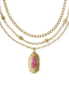 You’ll have all your bases covered (and fits accessorized) with the Keziah Vintage Gold Strand Necklace in Raspberry Variegated Magnesite. A stone pendant in our signature shape steals the spotlight with an intricately etched frame, while two vintage-inspired metal chains add depth and texture to this multi strand stunner. This three-in-one style is also adjustable, so you can change the length of your pre-layered look to your liking. This necklace is a part of Yellow Rose by Kendra Scott—a bran Layering Kendra Scott Necklaces, Summer Wishlist, Kendra Scott Necklace, Gold Cocktail Ring, Gold Statement Earrings, Gold Cocktail, Gold Statement Necklace, Gold Bracelet Cuff, Gold Cuffs