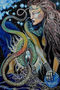 a painting of a woman with long hair holding a snake in her hand and looking at the sky