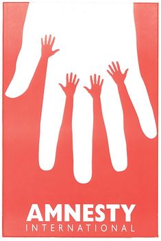 a red and blue poster with hands reaching out to another person's arms, against a white background