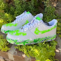 Outshine the competition in these custom Neon Green Splatter Air Force 1s. Stand out from the pack with the bold splatter effect and turn heads with your style. Dare to be daring and make a bold statement! 🤩 🔥 100% genuine, Brand New.👟 Custom sneakers.💫 Every pair is hand-made to order.✨ Best quality waterproof and scratch-proof paints used.✨ 1000+ satisfied customers across various platforms. 🌎Free worldwide shipping,shipping within 5-12 working days🎁 Treat the shoes as art as they are de Air Force One Shoes, Custom Sneakers Diy, Air Force 1s, Air Force 1 Custom, Custom Air Force 1, Air Force One, Force One, Air Force Ones