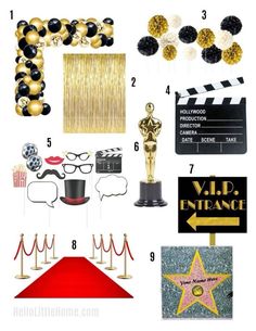 an oscars party is shown with black and gold decorations, hollywood sign, star - span