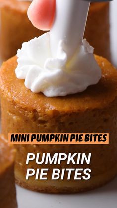 mini pumpkin pies with whipped cream being dunked into the top by a hand