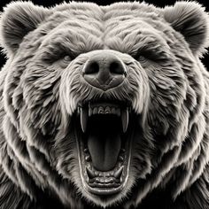 a black and white photo of a bear with its mouth open