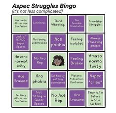 the aspec struggles bingo game is shown in purple, green and blue squares