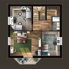 an overhead view of a floor plan with furniture