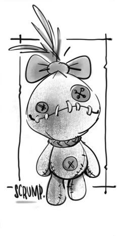 a drawing of a stuffed animal with the word scrump on it's chest