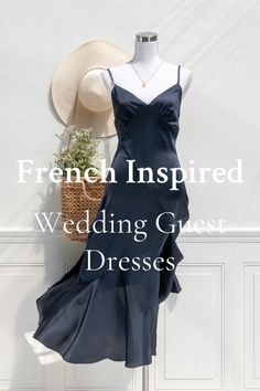 a dress and hat on display with the words french inspired wedding guest dresses