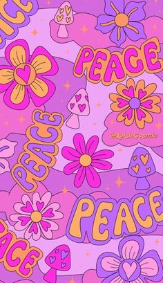 the word peace is surrounded by flowers and hearts on a purple background with pink stars