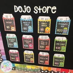 a display in a store filled with lots of colorful items and numbers on it's sides