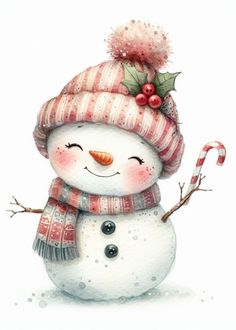 a watercolor painting of a snowman with a candy cane