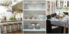 four different pictures show the kitchen and dining room in one photo, there is a table with place settings on it