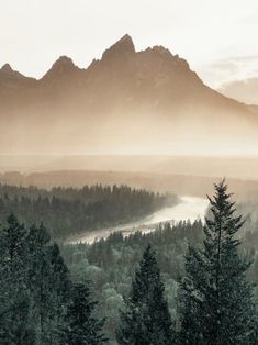 the mountains are covered in fog and mist as they rise above the valley below them