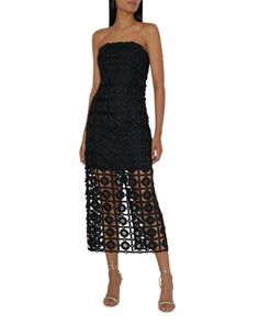 Milly Kait Tile Lace Dress Textured Tile, Lace Outer, Maxi Design, Black Lace Midi Dress, Ankle Length Dress, Lace Strapless, Lace Outfit, Tile Pattern, Strapless Maxi