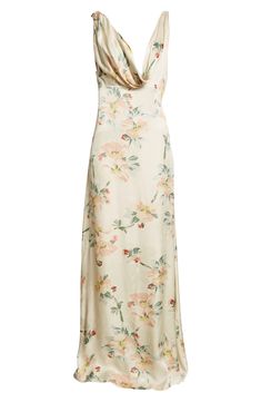 Artful construction that seemingly defies physics defines the beguilingly twisted bodice of this maxi cut from floral-print satin in a fitted-to-flowing design. 58 1/2" length (size 4US/36EU) Hidden back-zip closure Cowled deep V-neck Sleeveless Partially lined 100% viscose Dry clean Made in Portugal Designer Clothing Floral Silk Bridesmaid Dresses, Floral Maxi Dress Casual, Elegant Loose Dresses, Summer 2024 Outfit, Dream Clothes Summer, Floral Satin Dress, V Neck Dresses, Wedding Guest Summer, Patterned Maxi Dress