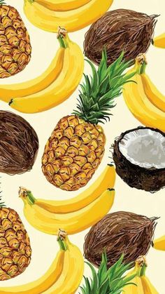 a bunch of bananas and pineapples on a white background with coconuts in the foreground