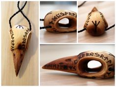 three pictures of wooden objects with writing on them, including an animal's head