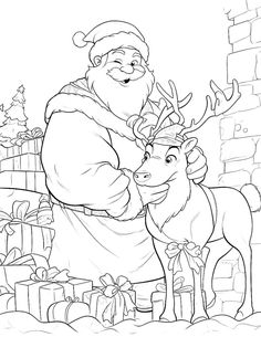 santa claus and his reindeer in the christmas coloring page for kids to print out on