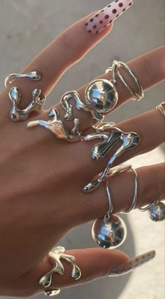 Chrome Silver Aesthetic, Runway Accessories 2023, Chrome Jewelry Aesthetic, Gripping Food With Force, Silver Jewels Aesthetic, Metalic Accesories, Metallic Cybercore, Edgy Ear Piercings Aesthetic, Chunky Silver Jewelry