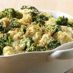 broccoli and cauliflower casserole in a white dish