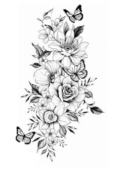 a black and white drawing of flowers with butterflies on the top right side of the image