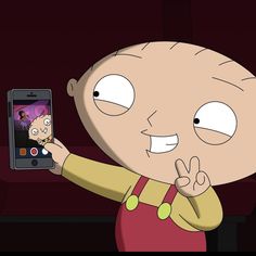 a cartoon character holding up a cell phone to take a selfie with his finger