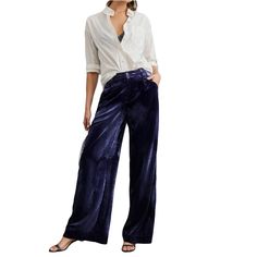 Anthropologie Blue Velvet Wide Leg Trouser Pants Nwt By Anthropologie Wide-Leg Velvet Trousers * Viscose, Nylon * Velvet Fabrication * Front Slant Pockets * Back Welt Pockets * Zip Front * Hand Wash * Imported Dimensions Standard: * 10 5" Rise * 31.5" Inseam * 13.75" Leq Opening * 18 1/2” Waist Laying Flat Dark Blue Pants, Black Cropped Tank, Sequin Pants, Satin Trousers, Yellow Pants, Striped Wide Leg Pants, Velvet Trousers, Pinstripe Pants, Wide Leg Cropped Pants