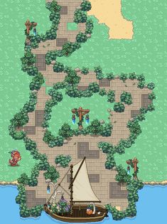 a map with a boat on the water and trees around it, in front of an island