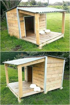 two pictures of a dog house made out of wood