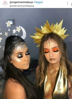 two women wearing gold and silver make - up with stars on their head, one woman has orange eyeshadow