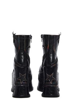 These platform boots have a vegan leather construction with a snake-patterned design, glitter star appliqués throughout with a swirled pattern, and side zipper closures. Rave Boots, Pink Club, So It Goes, Black Platform Boots, Faux Fur Boots, Rave Festival, Bike Bag, Glitter Stars, Fur Boots