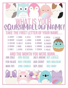 an animal themed poster with the words what is your squshmallow name?