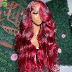 Highlights Ombre Red Transparent 13x6 Lace Frontal Human Hair Wig Brazilian Body Wave Lace Front Wig Ebony Hair, Frontal Wig Hairstyles, Pretty Hair Color, Red Wigs, Dope Hairstyles, Lace Hair, Front Lace Wigs Human Hair, Human Hair Wig, Long Red