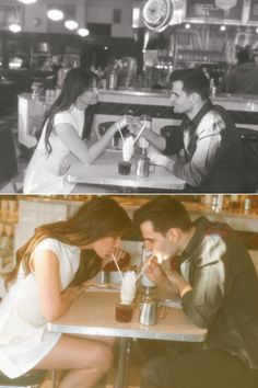 two pictures of people sitting at a table in a restaurant and one has a drink