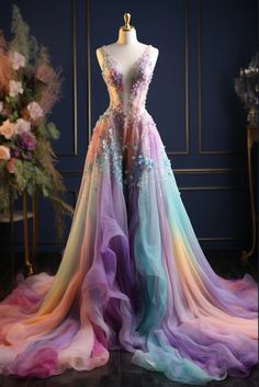 Non White Wedding Dresses, Rainbow Wedding Dress, Colored Wedding Dress, Gowns Elegant, Rainbow Wedding, Colorful Dress, Fantasy Dresses, Fantasy Gowns, Gowns Wedding