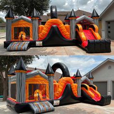 an inflatable bounce house with a slide on the front and side walls that have been painted orange and black