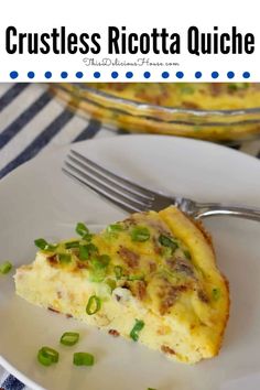 a piece of quiche on a white plate with green onions and scallions