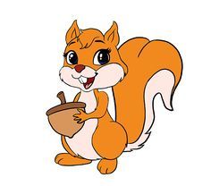 a cartoon squirrel holding a nut and looking at the camera